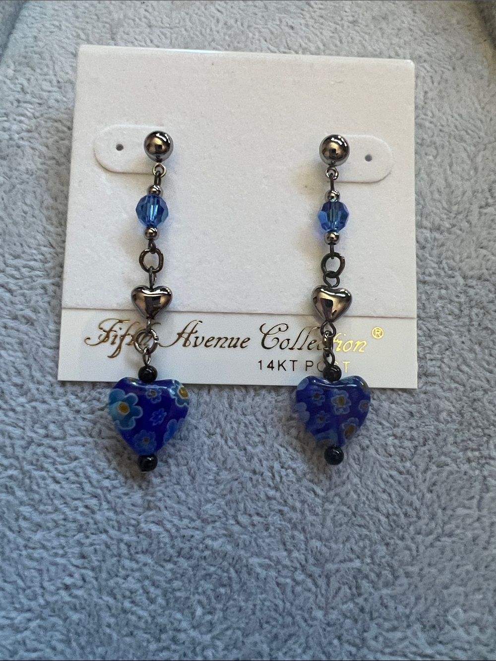 Blue Floral Heart Drop Earrings with Gunmetal Accents